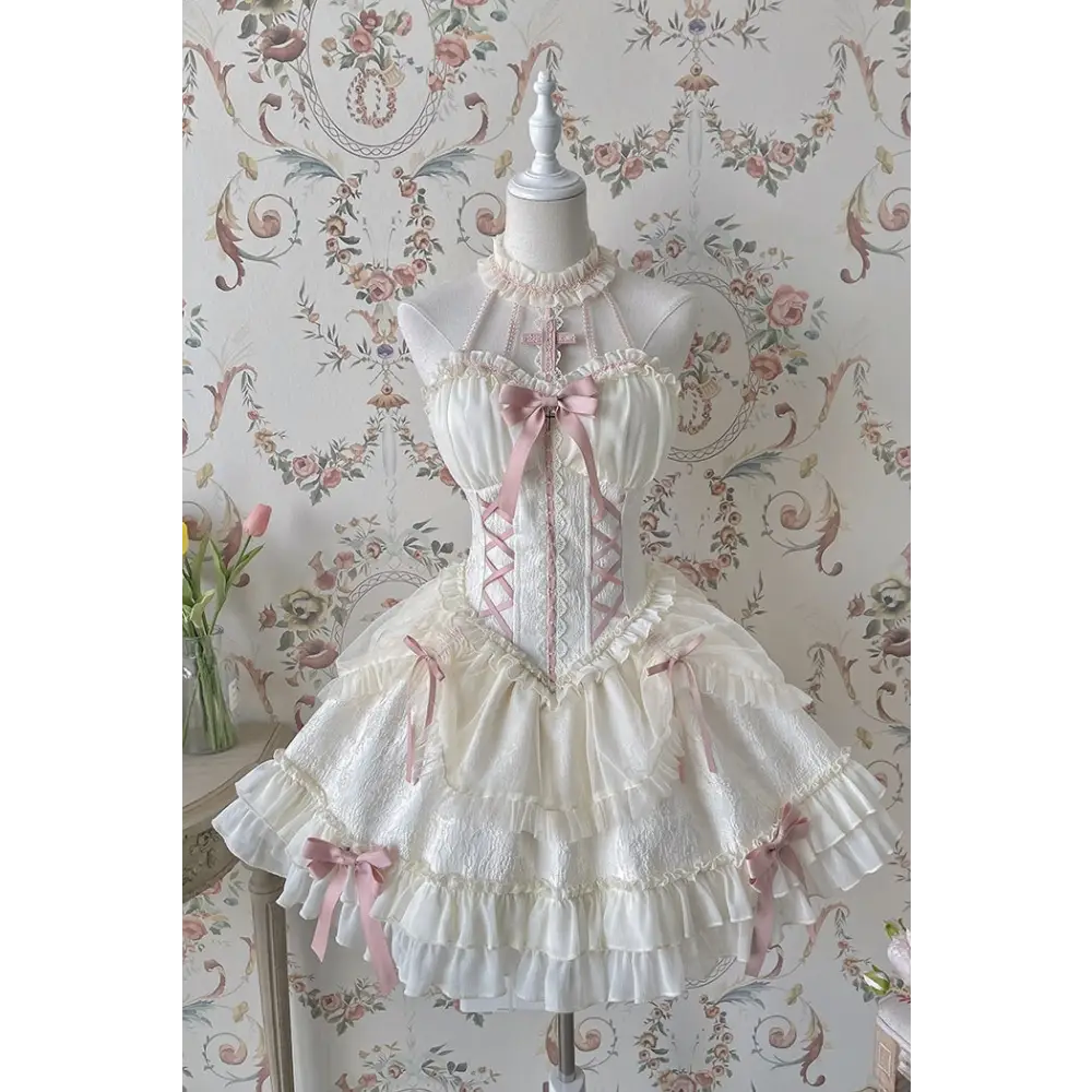 The Queen Of Lolitas Dress - Beige & Pink Ribbons / XS - dress