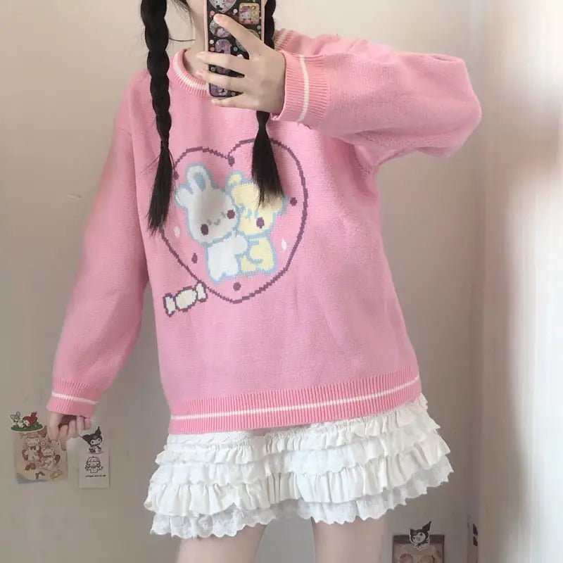 Fairy Kei Bunny Knit Pullover Sweater in Pink and Yellow, 58cm Length - Cosparty