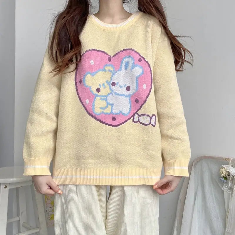 Fairy Kei Bunny Knit Pullover Sweater in Pink and Yellow 58cm Length - sweater