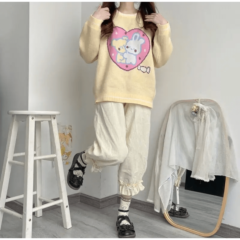 Fairy Kei Bunny Knit Pullover Sweater in Pink and Yellow, 58cm Length - Cosparty