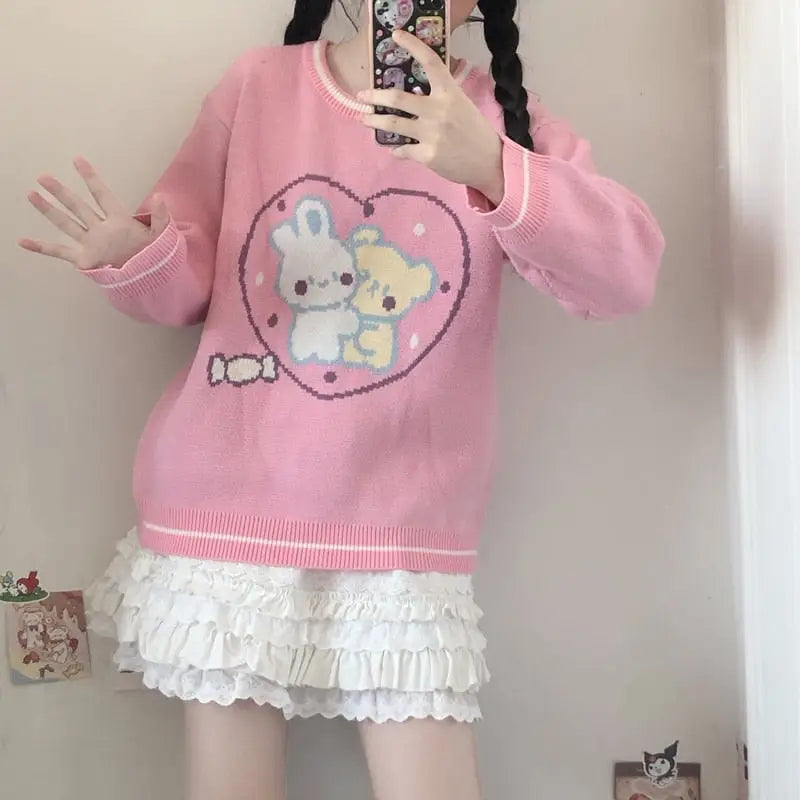 Fairy Kei Bunny Knit Pullover Sweater in Pink and Yellow 58cm Length - sweater