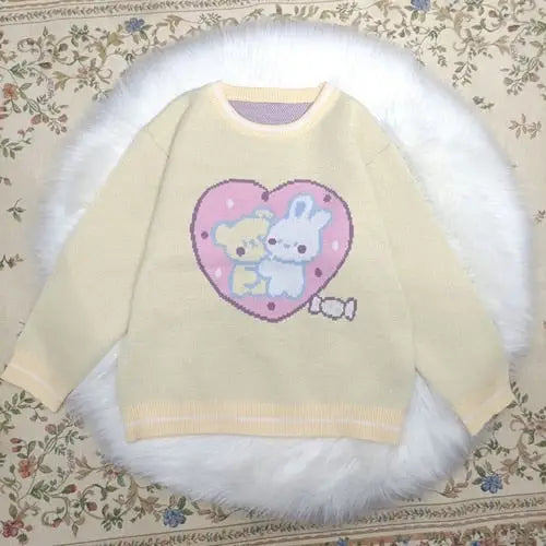 Fairy Kei Bunny Knit Pullover Sweater in Pink and Yellow 58cm Length - sweater