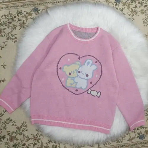 Fairy Kei Bunny Knit Pullover Sweater in Pink and Yellow 58cm Length - sweater