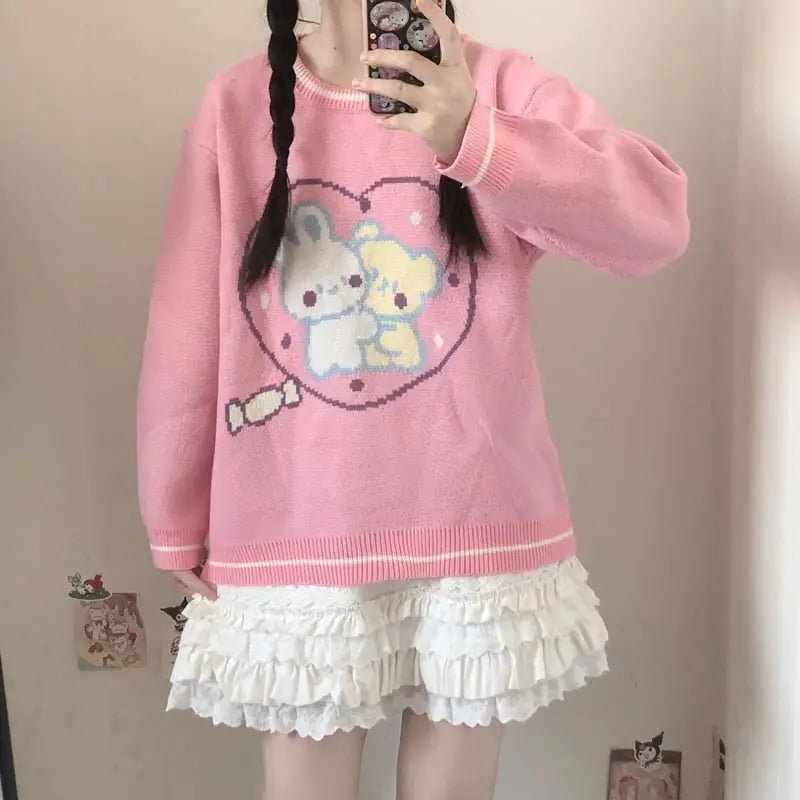 Fairy Kei Bunny Knit Pullover Sweater in Pink and Yellow 58cm Length - sweater