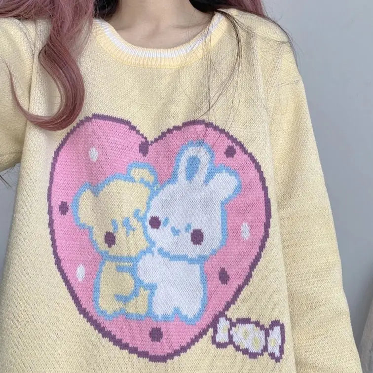 Fairy Kei Bunny Knit Pullover Sweater in Pink and Yellow 58cm Length - sweater