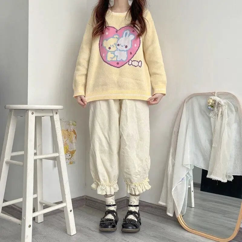 Fairy Kei Bunny Knit Pullover Sweater in Pink and Yellow, 58cm Length - Cosparty