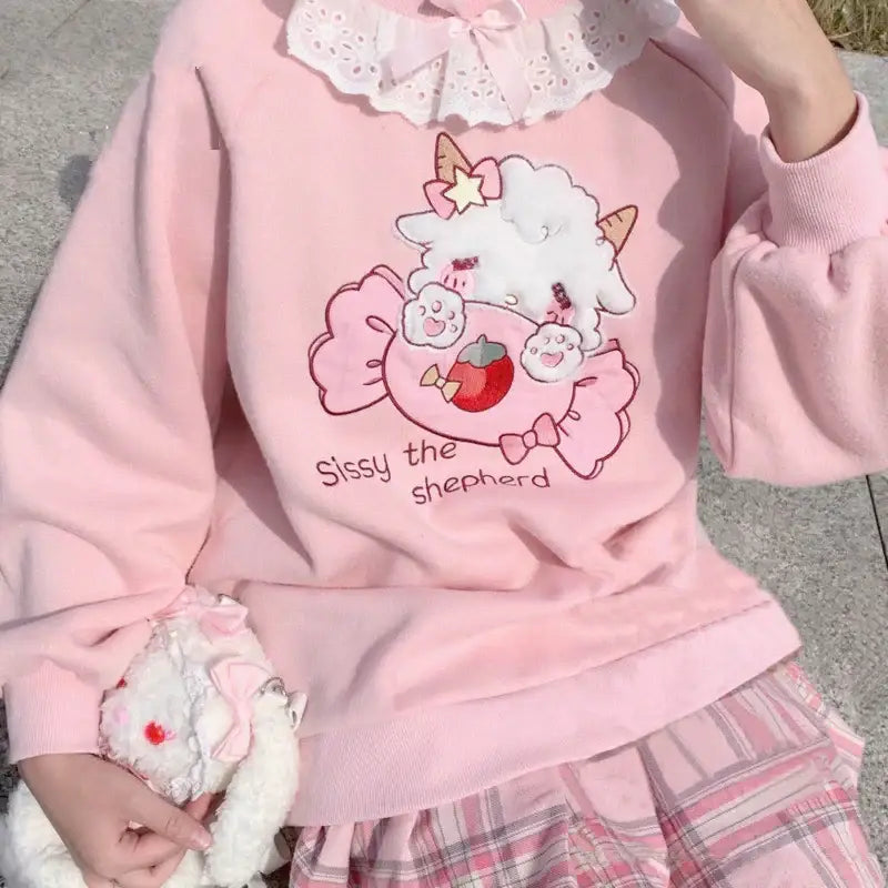 Fairy Kei Collared Bunny Sheep Cardigan Sweater in Pastel Kawaii Style - Pink / M - sweatshirt