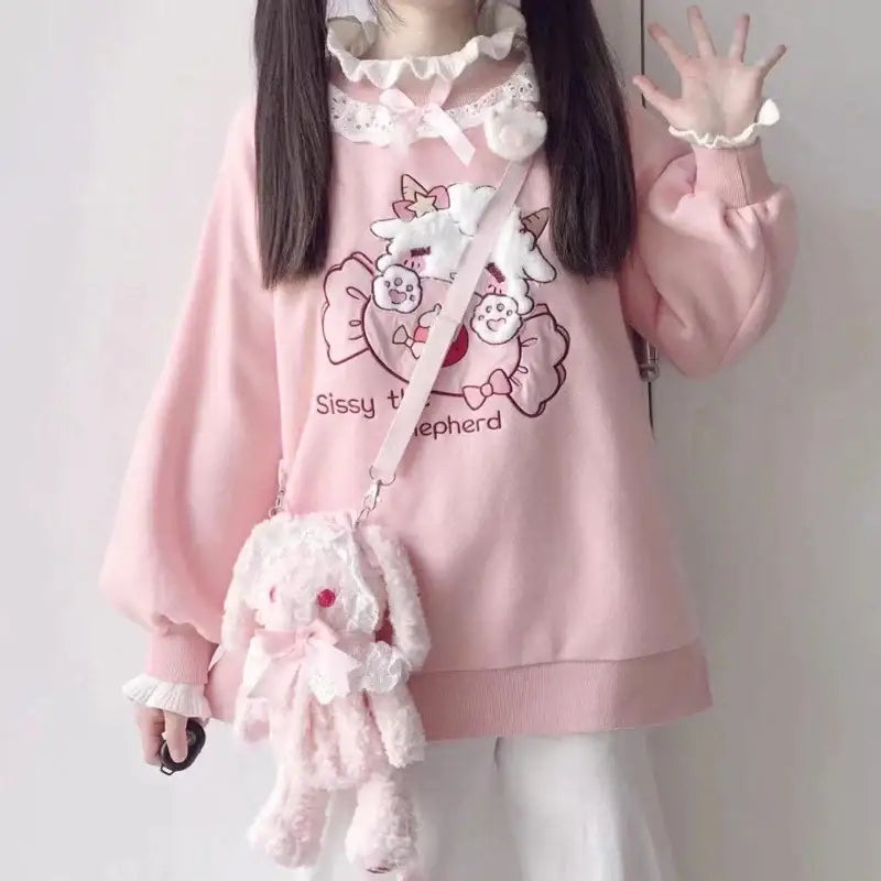 Fairy Kei Collared Bunny Sheep Cardigan Sweater in Pastel Kawaii Style - sweatshirt