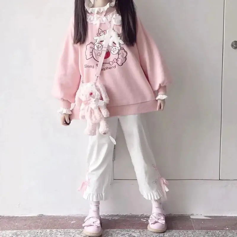 Fairy Kei Collared Bunny Sheep Cardigan Sweater in Pastel Kawaii Style - sweatshirt