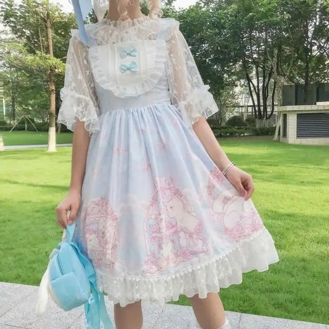 Pastel Blue Sweet Lolita JSK Dress Fairy Kei Kittens Cat Print