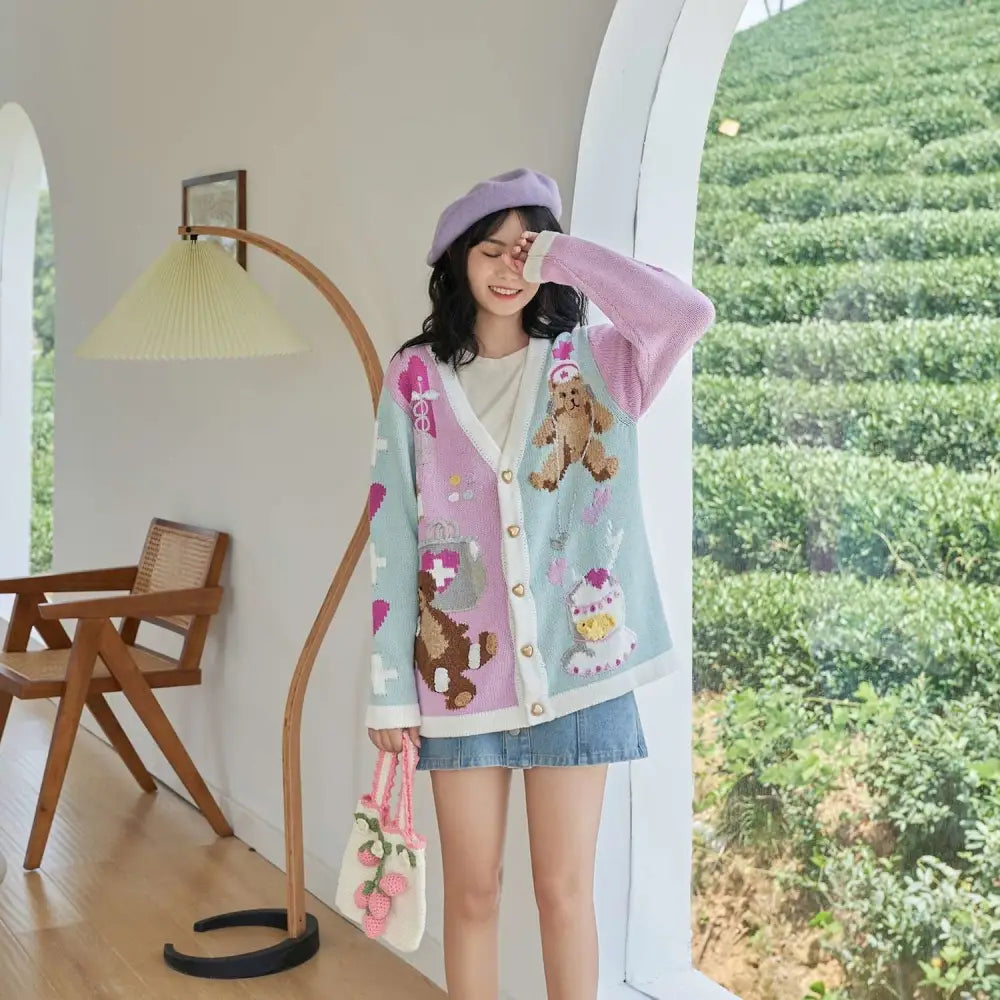 Fairy-Kei Medical Bear Cardigan 55cm Length Cute Kawaii Fashion Org Instock - sweater