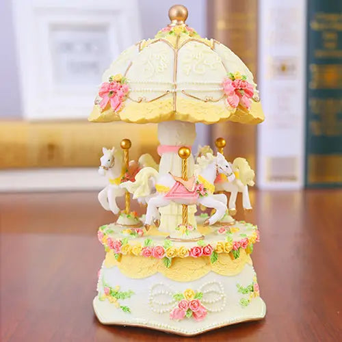 fairy kei musical carousel merry go round fairy pony unicorn pastel aesthetic resin ceramic music box led light up flashing lights by Cosparty