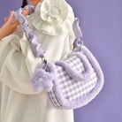 Fairy-Kei Purple Plaid Handbag in Plush Faux-Fur Fabrics - Purse