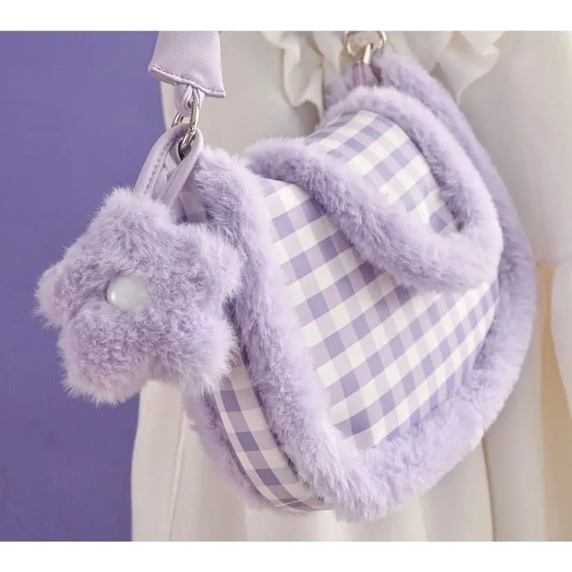 Fairy-Kei Purple Plaid Handbag in Plush Faux-Fur Fabrics - Purse