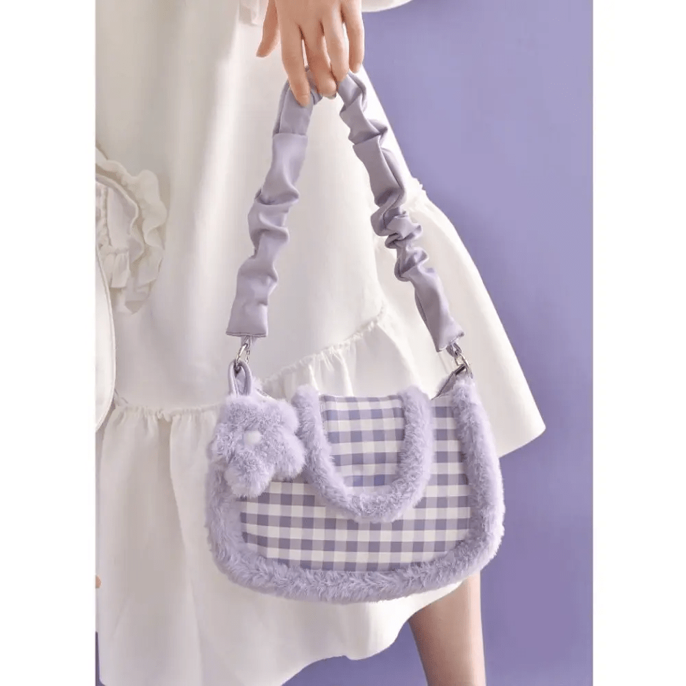 Fairy - Kei Purple Plaid Handbag in Plush Faux - Fur Fabrics - Cosparty