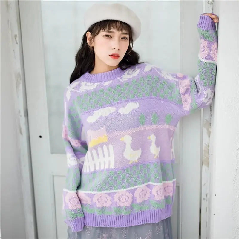 Fairy Kei Vintage Knit Cardigan Sweater with Pastel Patterns - sweater