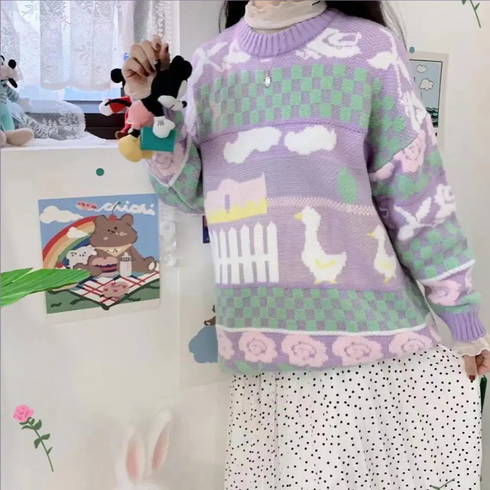 Fairy Kei Vintage Knit Cardigan Sweater with Pastel Patterns - sweater