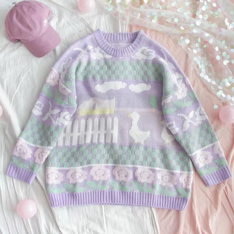 Fairy Kei Vintage Knit Cardigan Sweater with Pastel Patterns - sweater