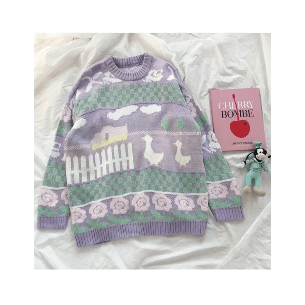 Fairy Kei Vintage Knit Cardigan Sweater with Pastel Patterns - Cosparty