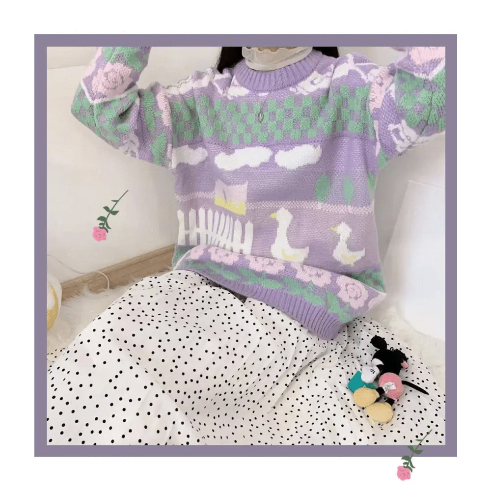 Fairy Kei Vintage Knit Cardigan Sweater with Pastel Patterns - Cosparty