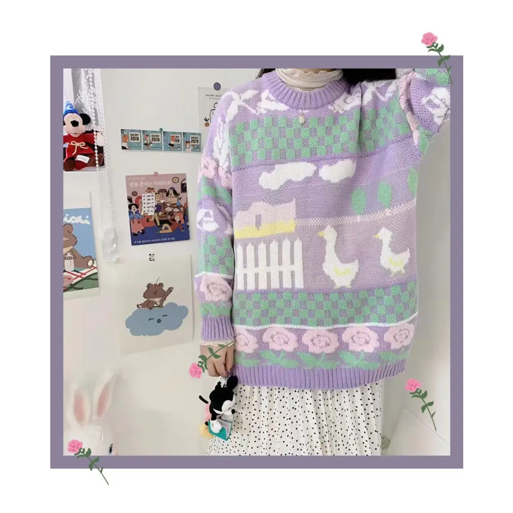 Fairy Kei Vintage Knit Cardigan Sweater with Pastel Patterns - sweater