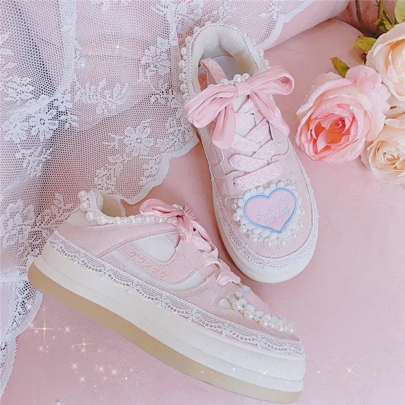 Fairycore Heart Embellished Sneakers in Soft Pink Vegan Materials - Cosparty