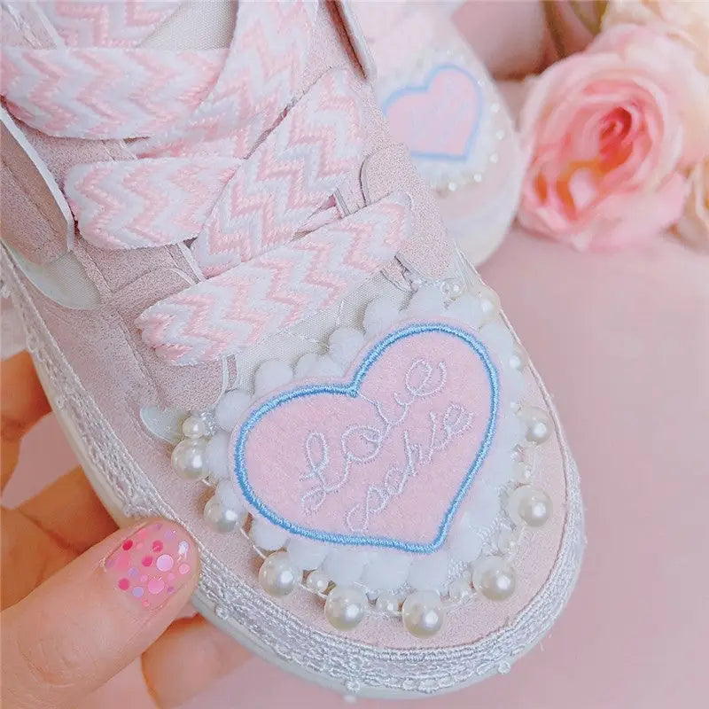 Fairycore Heart Embellished Sneakers in Soft Pink Vegan Materials - phone case