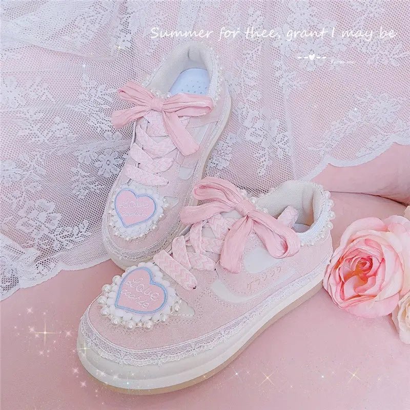 Fairycore Heart Embellished Sneakers in Soft Pink Vegan Materials - Cosparty