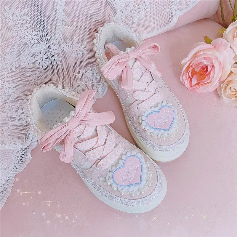 Fairycore Heart Embellished Sneakers in Soft Pink Vegan Materials - Cosparty