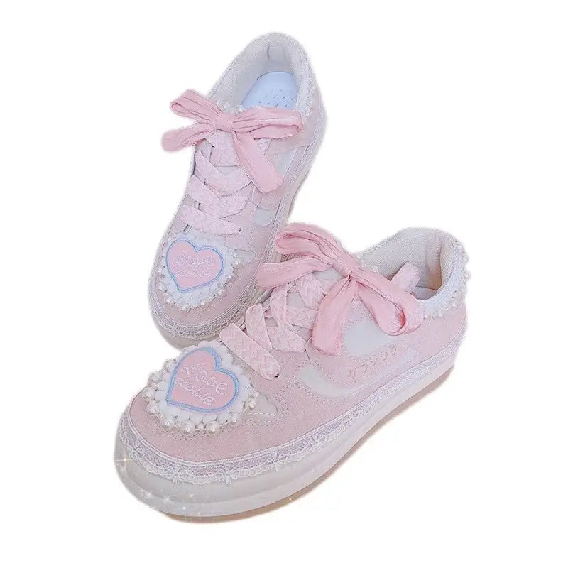 Fairycore Heart Embellished Sneakers in Soft Pink Vegan Materials - phone case