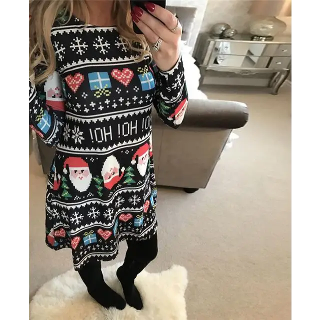 Christmas Long Sleeve Dress Holiday Xmas Sweater Dress Holiday Festive Santa Clause Reindeer