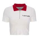 Fiesty Collared Zip Up Crop Top with I Aint Shit Design - Cosparty