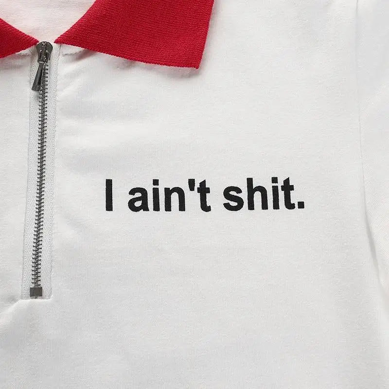 Fiesty Collared Zip Up Crop Top with I Aint Shit Design - Cosparty