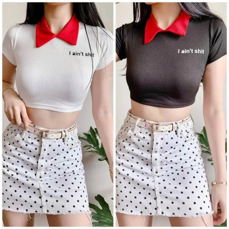 Fiesty Collared Zip Up Crop Top with I Aint Shit Design - Cosparty