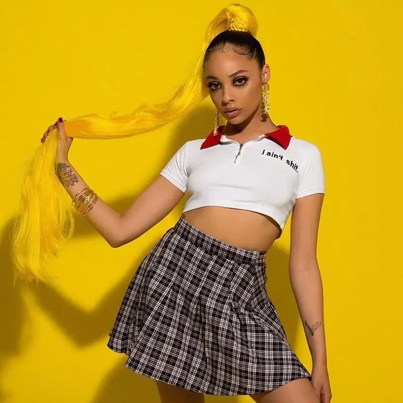 Fiesty Collared Zip Up Crop Top with I Aint Shit Design - Cosparty