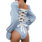 Flattering Powder Blue Corset-Back Bodysuit with Poofy Ruffled Sleeves - onesie