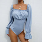 Flattering Powder Blue Corset-Back Bodysuit with Poofy Ruffled Sleeves - onesie