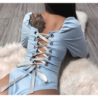 Flattering Powder Blue Corset-Back Bodysuit with Poofy Ruffled Sleeves - onesie