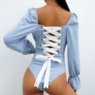 Flattering Powder Blue Corset-Back Bodysuit with Poofy Ruffled Sleeves - onesie