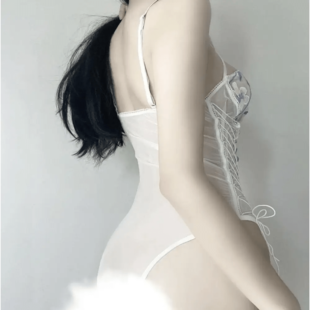 Floral Embroidered Mesh Bodysuit with Criss - Cross Harness Details - Cosparty