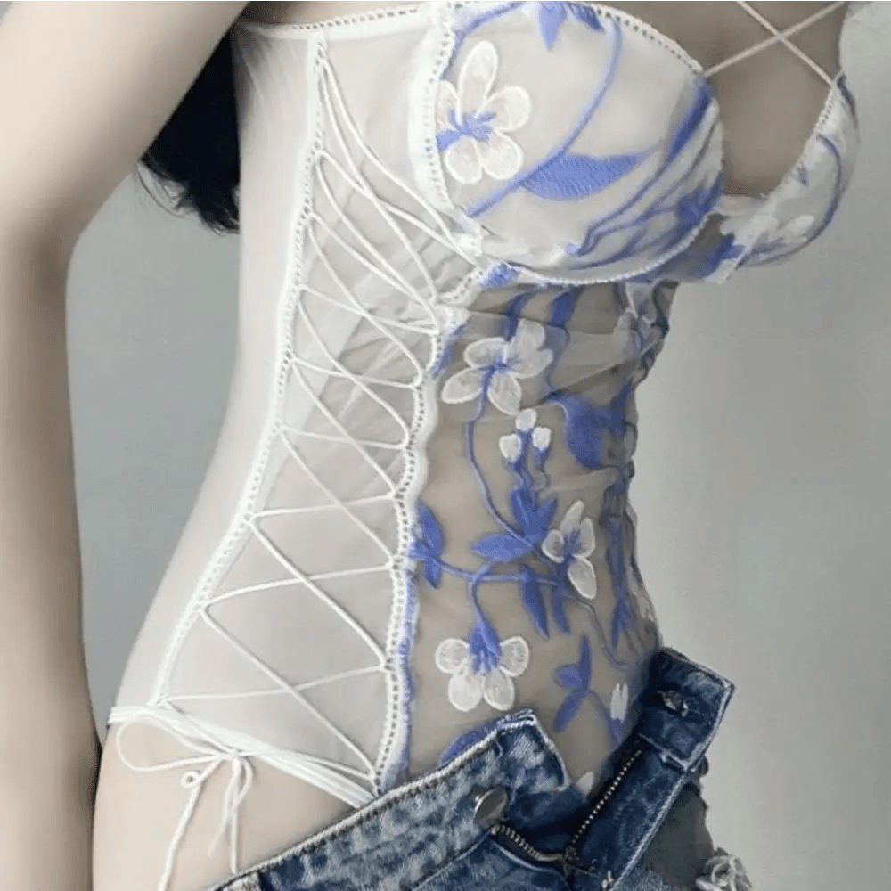 Floral Embroidered Mesh Bodysuit with Criss - Cross Harness Details - Cosparty