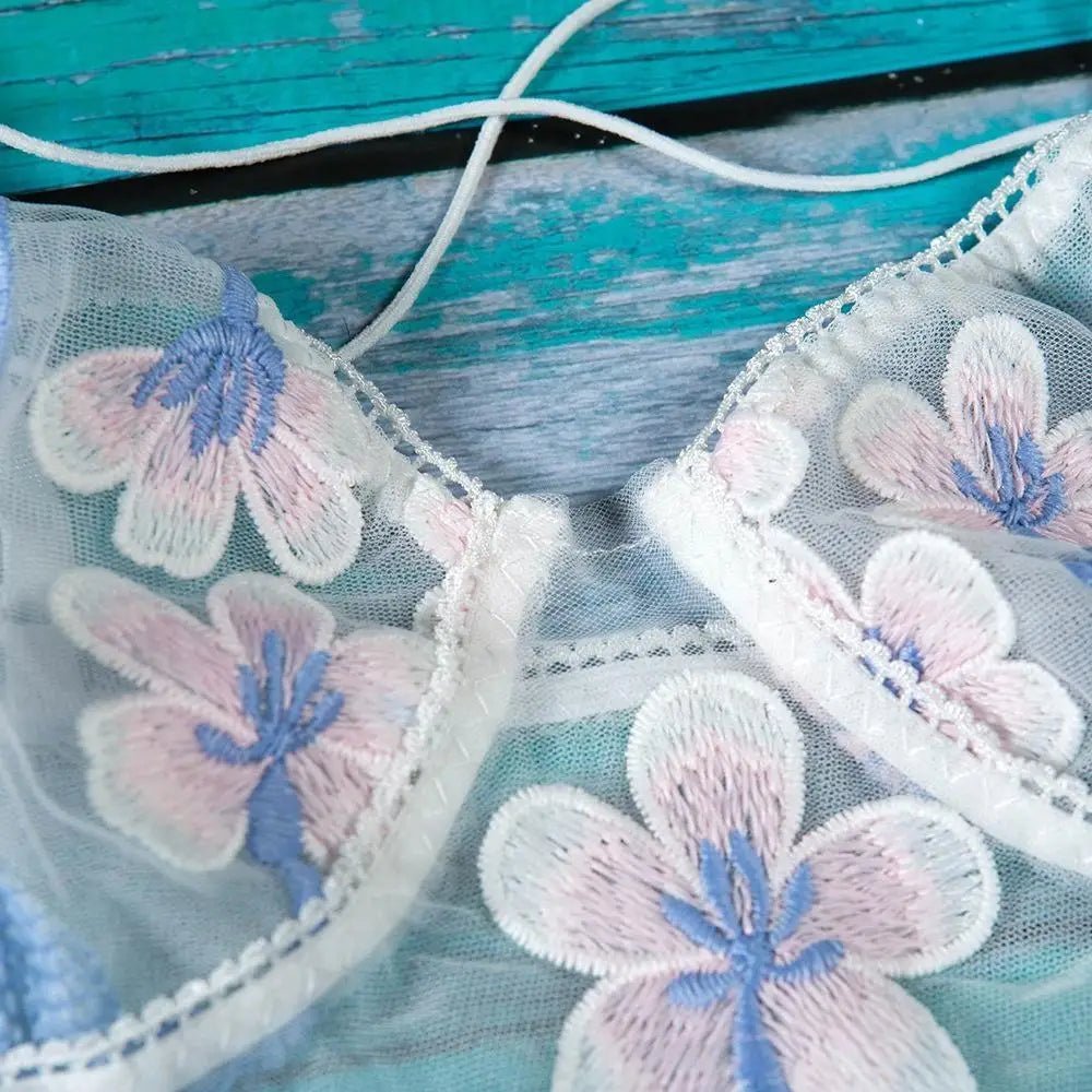 Floral Embroidered Mesh Bodysuit with Criss - Cross Harness Details - Cosparty