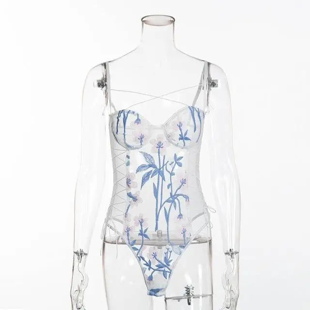 Floral Embroidered Mesh Bodysuit with Criss-Cross Harness Details - lingerie