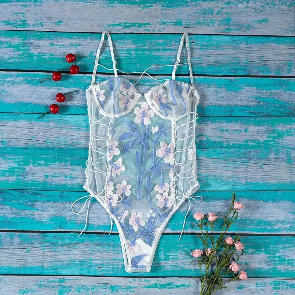 Floral Embroidered Mesh Bodysuit with Criss-Cross Harness Details - lingerie