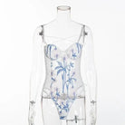 Floral Embroidered Mesh Bodysuit with Criss - Cross Harness Details - Cosparty