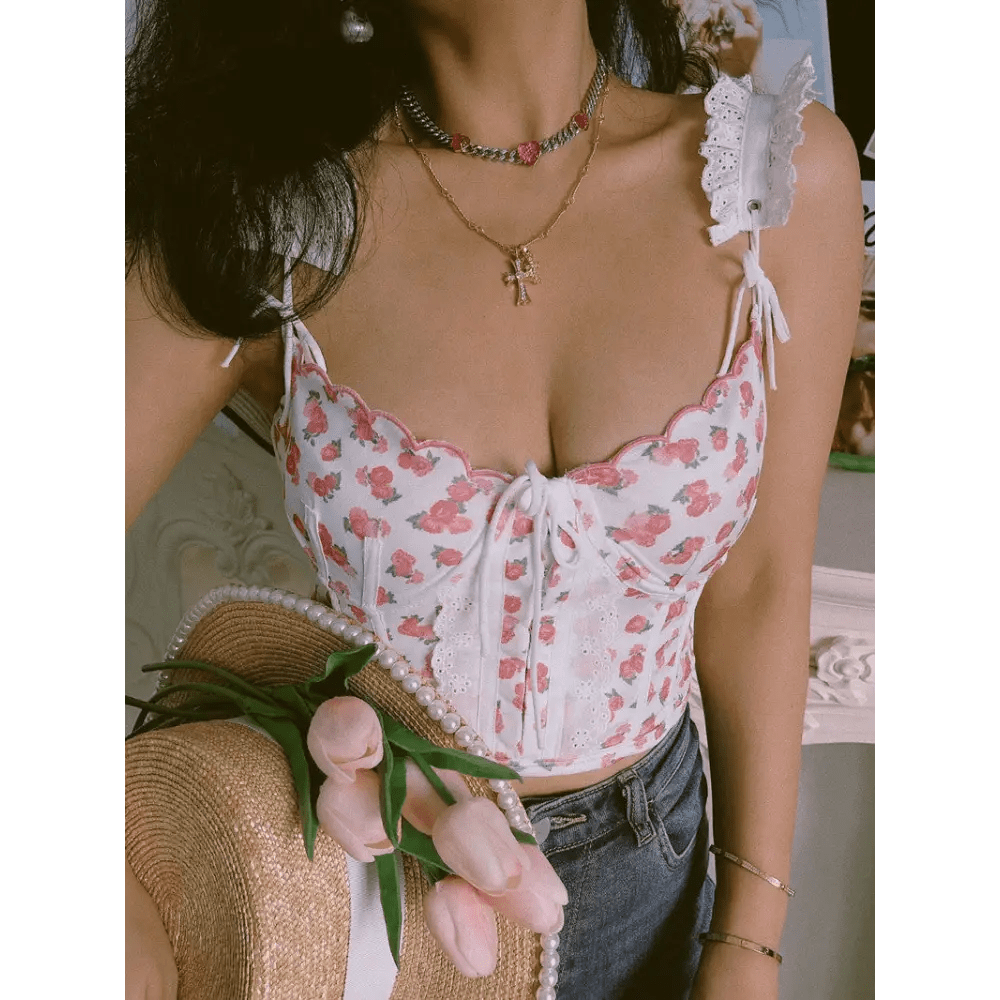 Floral Nymphette Lace and Ribbon Bustier Crop Top - Cosparty