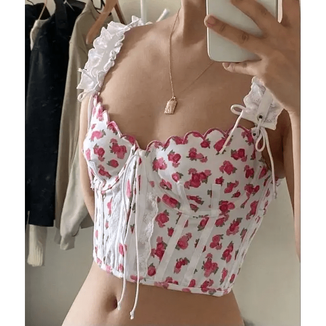 Floral Nymphette Lace and Ribbon Bustier Crop Top - Cosparty