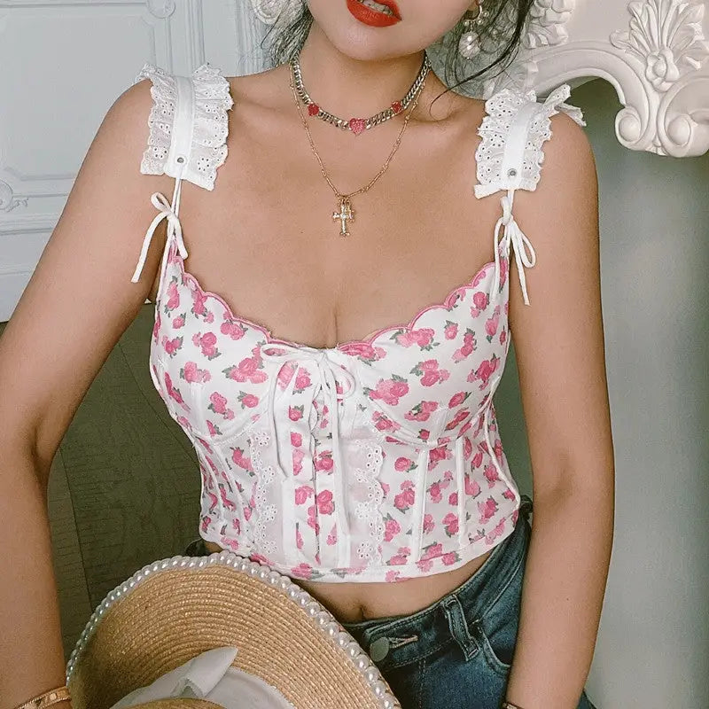 Floral Nymphette Lace and Ribbon Bustier Crop Top - shirt