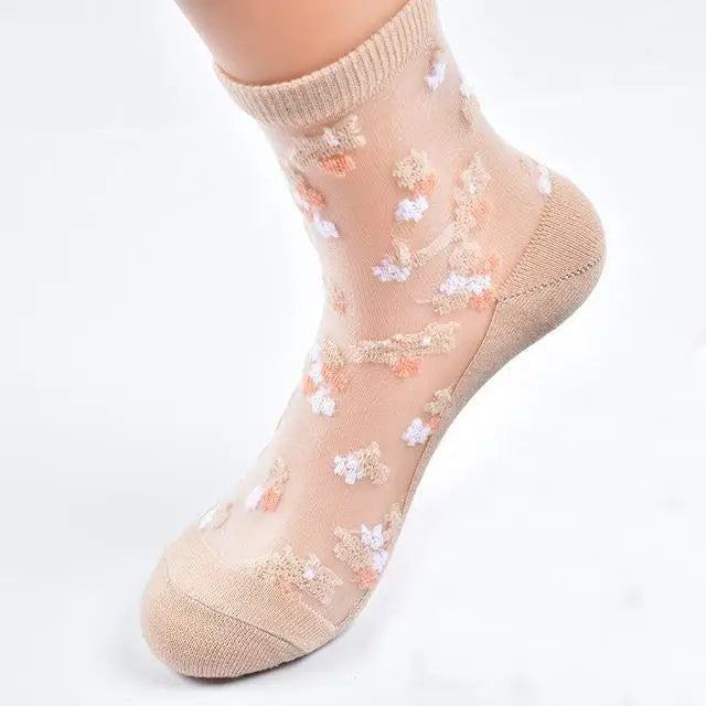 Transparent Clear Nylon Flower Socks Ankle Stockings Floral Roses Invisible