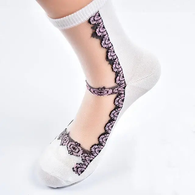 Transparent Clear Nylon Flower Socks Ankle Stockings Floral Roses Invisible